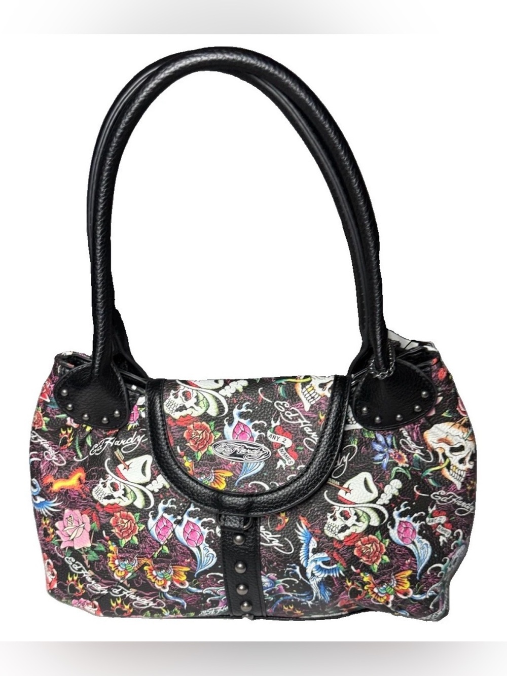 ED Hardy Y2K Retro Tattoo Collage Skull Rose Studded Shoulder Satchel Medium Bag